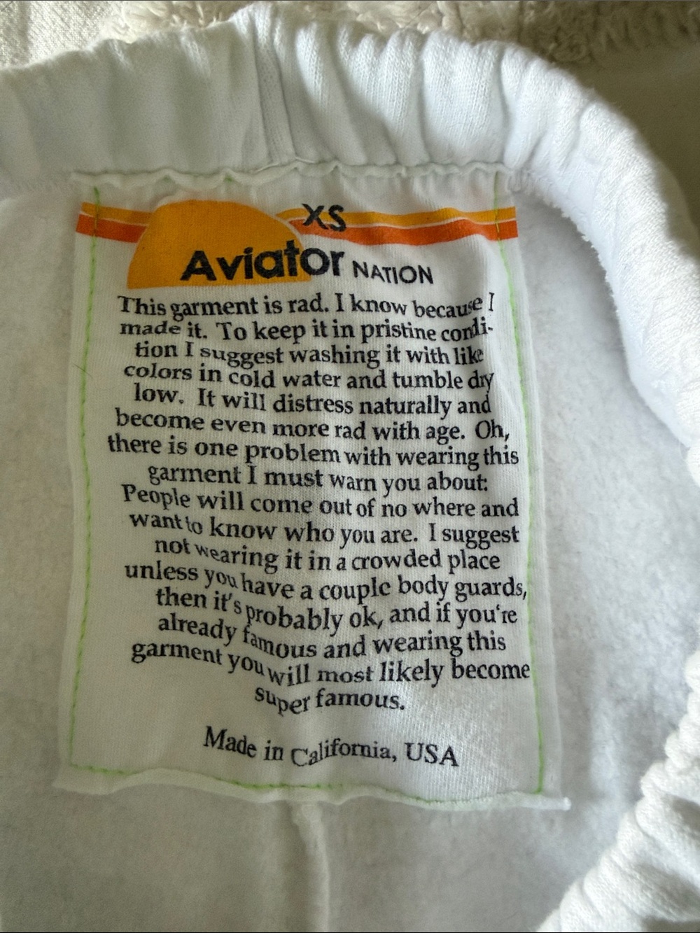 ☀️NEVER WORN Aviator Nation White Sweatpants with Rainbow Stripe & Blue AV Logo - Picture 6 of 6